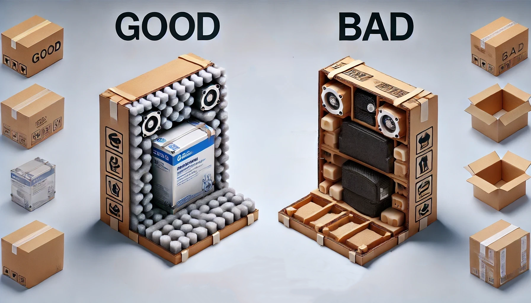 精密機器の輸送における正しい梱包方法と誤った梱包方法を比較した画像。左が適切な緩衝材を使用した例、右が誤った詰め方の例